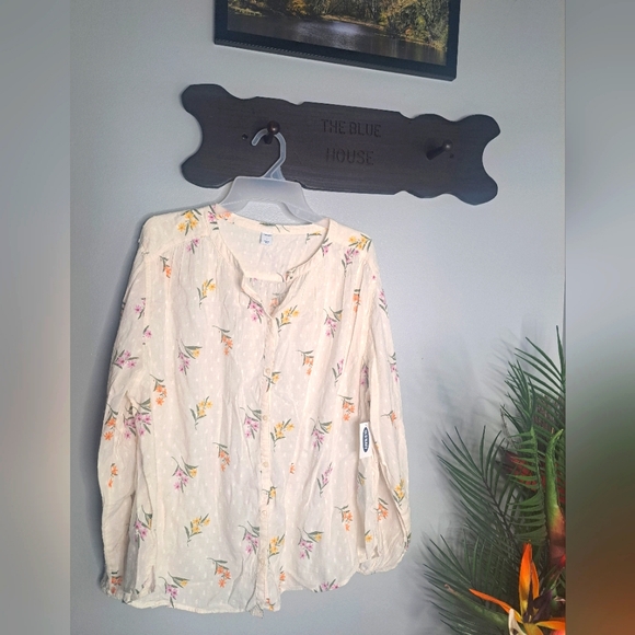 Old Navy Oversized Floral Flowers Ivory Long Sleeve Button-Down Shirt Sz LG #New - Picture 7 of 7